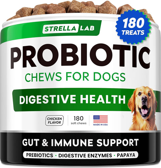 STRELLALAB Dog Probiotics Chews for Digestive Health & Gut Support with Yeast and Enzymes - Anti Gas, Diarrhea and Upset Stomach Immune Supplement - Digestion Treats with Fiber (180Ct, Chicken)