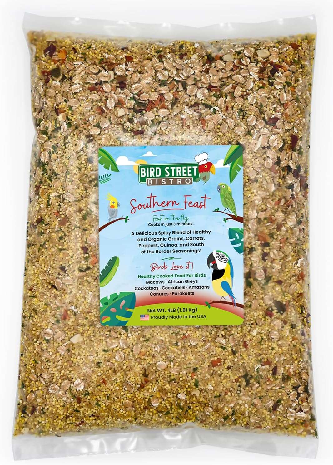 Parrot Parakeet Cockatiel Food - Bird Food - Cooks in 3-15 min with Natural & Organic Grains - Legumes - Non-GMO Fruits, Vegetables, & Health Orientated Spices (4.00 Pound (Pack of 1), Southern Feast)