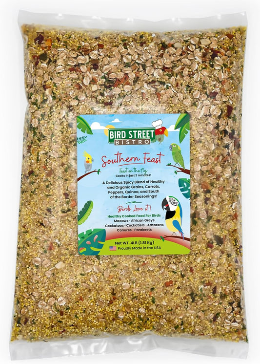 Parrot Parakeet Cockatiel Food - Bird Food - Cooks in 3-15 min with Natural & Organic Grains - Legumes - Non-GMO Fruits, Vegetables, & Health Orientated Spices (4.00 Pound (Pack of 1), Southern Feast)