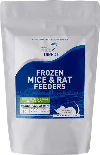 MiceDirect 30 Frozen Rat Combo Pack of 15 Larges and 15 Jumbo Feeders Snake Food for Burmese Pythons Large Monitors (8-11 in) (Pack of 30) (6750 Grams Min)