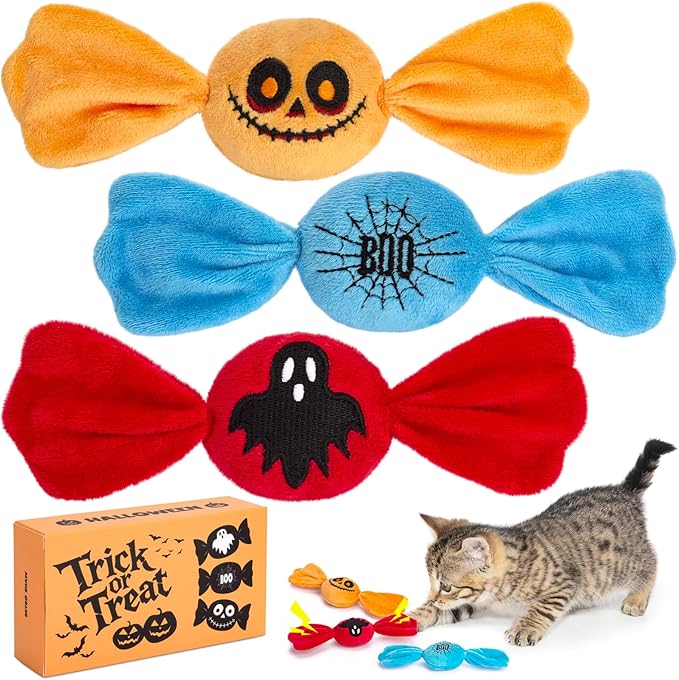 Retro Shaw Halloween Cat Toys,3PCS Candy Catnip Toys with Crinkle Sound Inside,Sweet Treats Cat Toy, Trick or Treat for Halloween Kitten Toys,Interactive Indoor Kitty Kicker for All Breeds