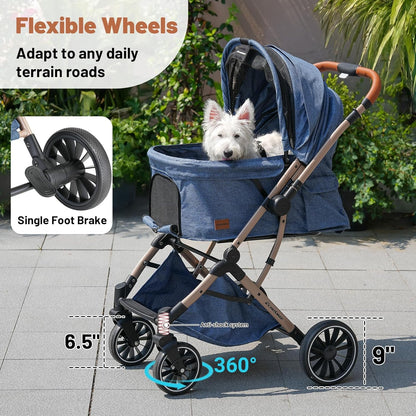 EchoSmile Small Medium Dogs Stroller 4-Wheel Pet Strollers for Medium Dogs Up to 50lbs, One Click Folding Large Cat Stroller, Reversible Handle, Shock Absorbing Wheels, Removable Washable Pad, Blue