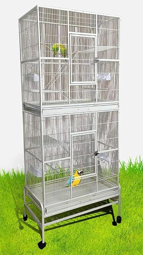 76" Extra Large Double Stackable Wrought Iron Breeding Bird Flight Parrot Cockatiel Conure Breeder Separate Cages Nesting Box Doors Easy Clean Pull Out Grate Tray Detachable Rolling Stand