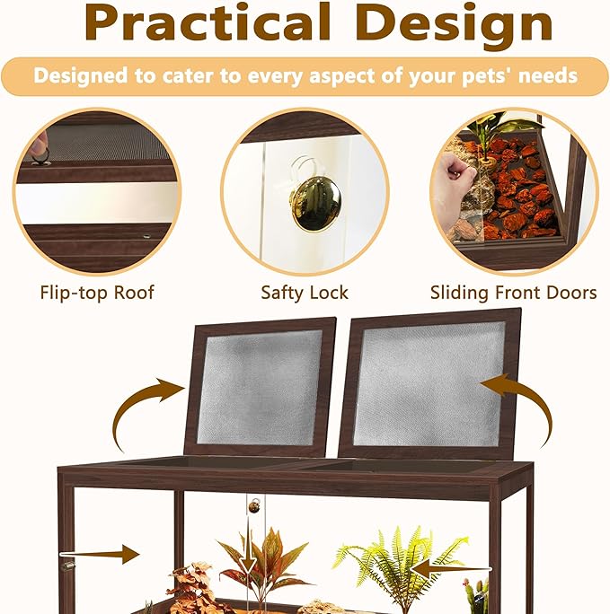 PROLEE Bearded Dragon Tank,81 Gallon Reptile Tank with Meatl Mesh Roof and Front Sliding Door, Anti-Scratch Lizard Tank,Spacious Reptile Enclosure for Snakes,Lguanas, Chameleons(Walnut)