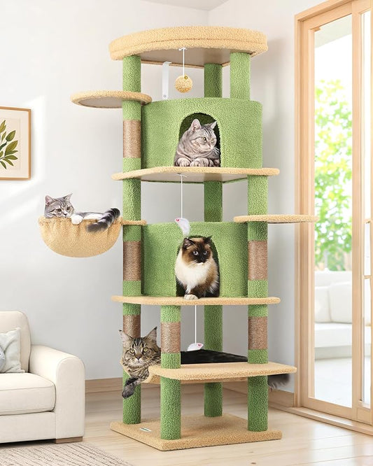 Globlazer Cactus Corner Cat Tree Tower for Large Cat, 66inch Tall Large Cat Tree Condo for Multiple Indoor Cats with 6 Scratching Posts, 2 Spacious Cat Condos, Soft Hammock, Hanging Basket, C66, Green