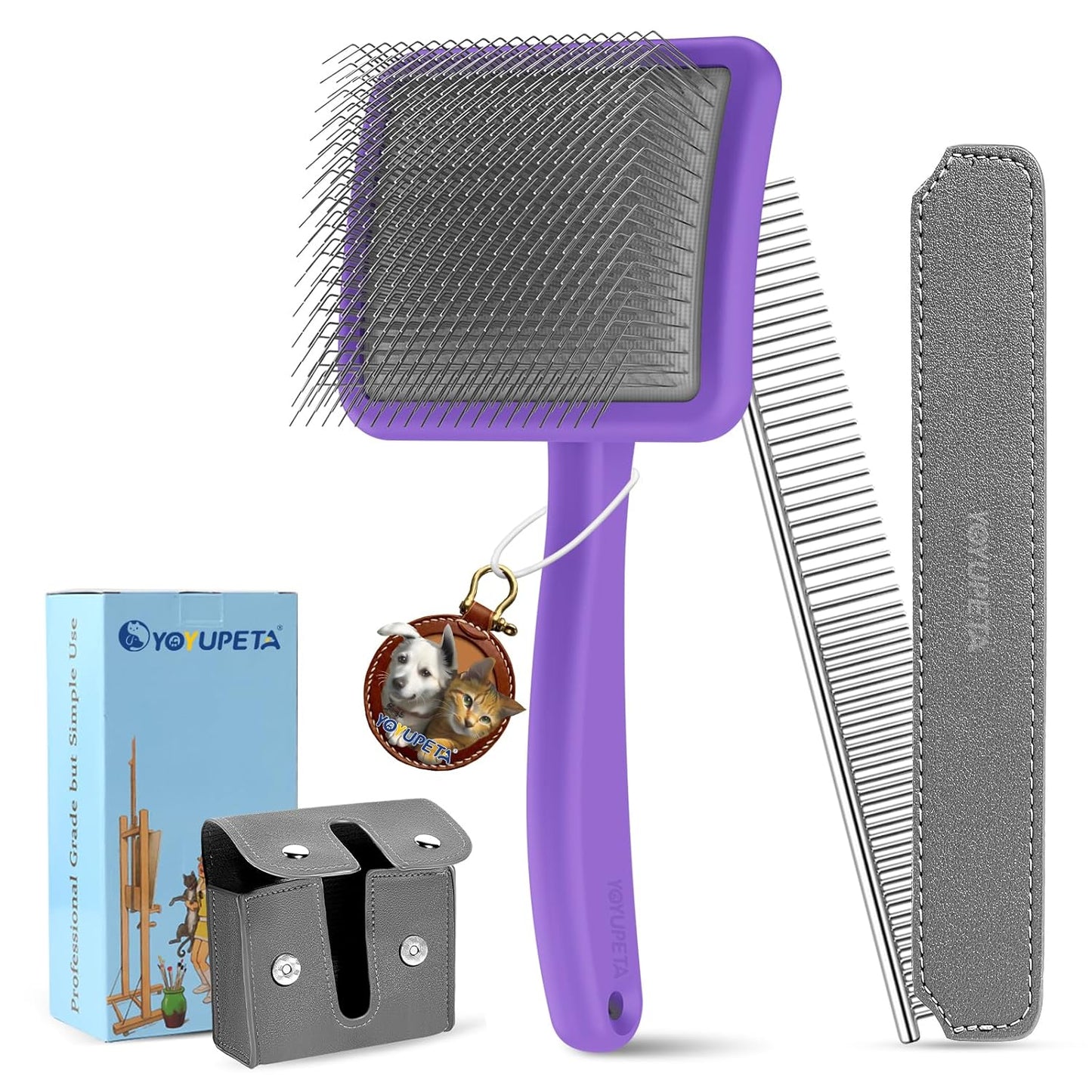 Large Dog Slicker Brush & Comb Set with Leather Sleeves - Long Pin Deshedding Brush for Golden Retrievers, Poodles, Doodles & Thick Coats, Wood Handle Pet Grooming Kit for Dogs, Cats. Purple