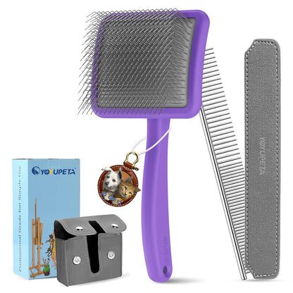 Large Dog Slicker Brush & Comb Set with Leather Sleeves - Long Pin Deshedding Brush for Golden Retrievers, Poodles, Doodles & Thick Coats, Wood Handle Pet Grooming Kit for Dogs, Cats. Purple