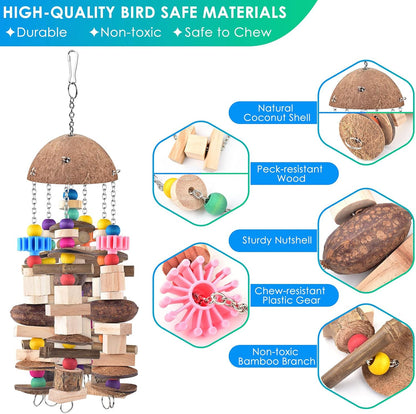 KATUMO Bird Toys, 2PCS Large Wooden Blocks & Coconut Shell Chew Toys for African Grey Cockatoo Amazon Parrots and Medium to Large Birds