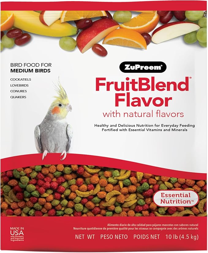 ZuPreem FruitBlend Bird Food, Bird Feed Pellets for Cockatiel, Lovebird, Quaker, Small Conure, Lorikeet, Core Nutrition with Natural Fruit, Cockatiel Food, Conure Feed, (Medium, 10 lb Bag)