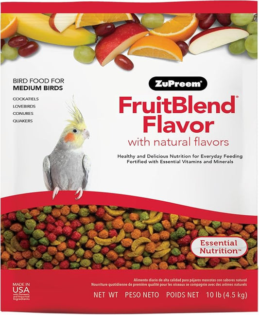 ZuPreem FruitBlend Bird Food, Bird Feed Pellets for Cockatiel, Lovebird, Quaker, Small Conure, Lorikeet, Core Nutrition with Natural Fruit, Cockatiel Food, Conure Feed, (Medium, 10 lb Bag)