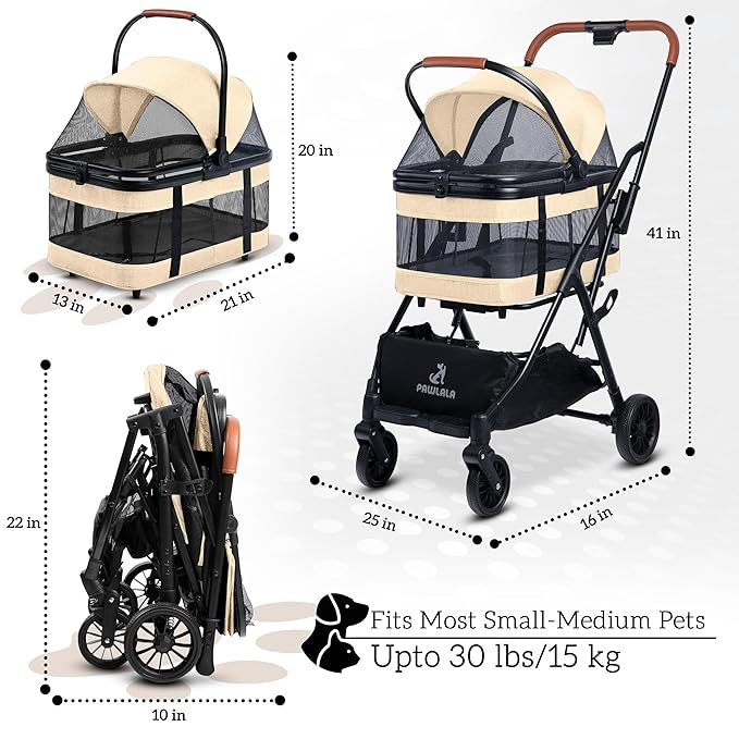 Pet Stroller with Detachable Carrier - Ideal for Small to Medium Dogs & Cats - Compact & Convenient Design - Easy Assembly Pet Stroller for Cats, Dog Strollers for Small Dogs - Bisque Beige