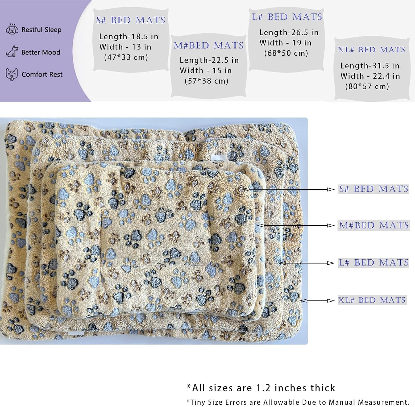 2 Pcs Pet Bed Mats. Ultra Soft Pet (Dog/Cat) Bed with Cute Prints. Reversible Faux Lambswool Kennel Pad for Medium Small Dogs and Cats. Machine Washable Pet Bed.