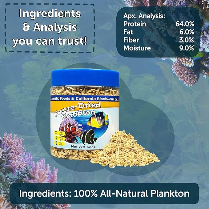 Aquatic Foods Inc. Pacific Plankton, Freeze Dried Plankton for Marines, Corals, Anemones, Cichlids, Discus, Tetras, Goldfish, Angel Fish, 12-Type Pellet Mix, 4-Type Wafer Mix Included...1.2oz Canister