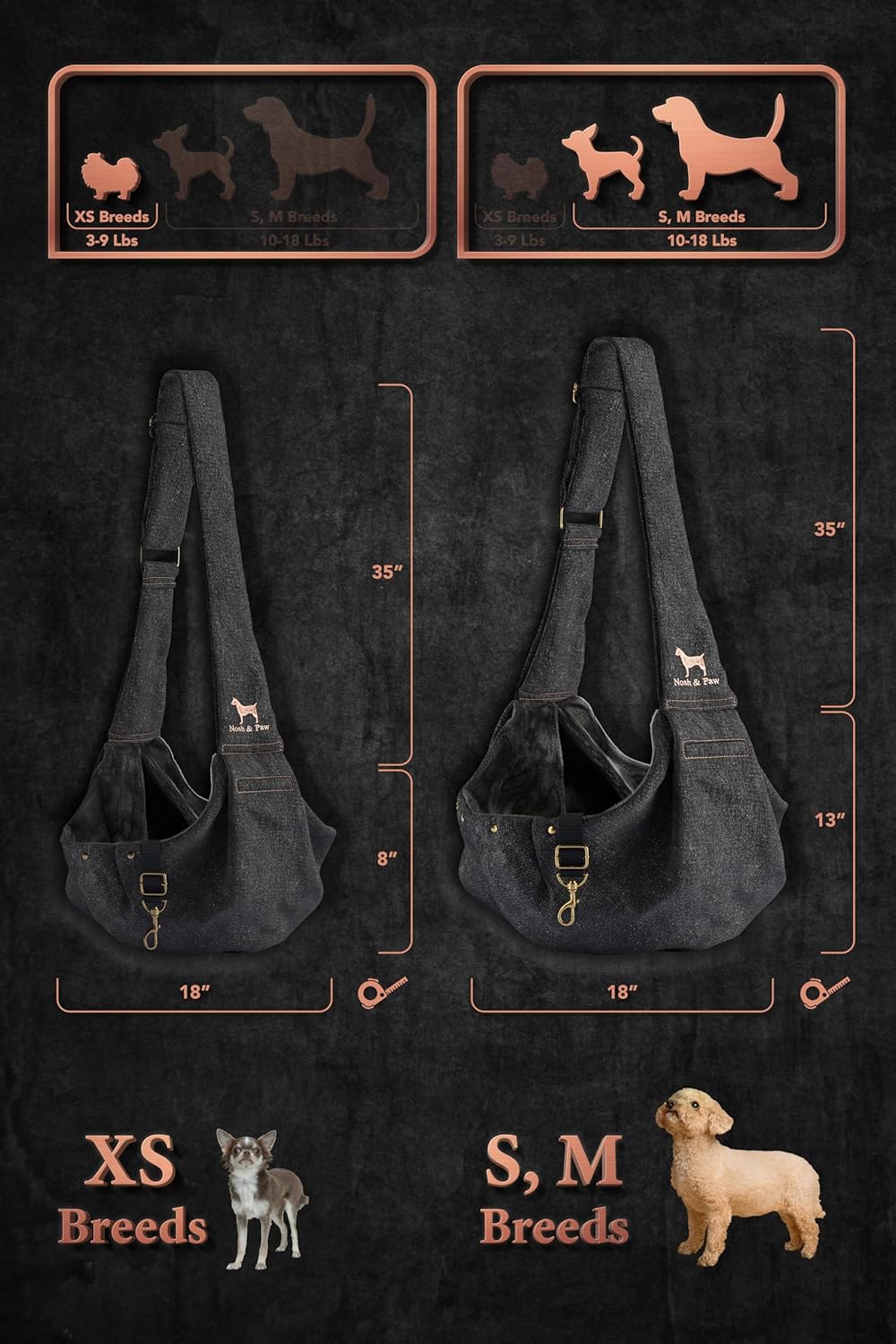 Noah & Paw Dog Sling Carrier for Small Dogs 3-10lb, Dog Sling for Small Dogs and Cats, Dog Carrier with Adjustable Padded Strap, Premium Denim, Lined with Fur, Double Safety Feature, Machine Washable