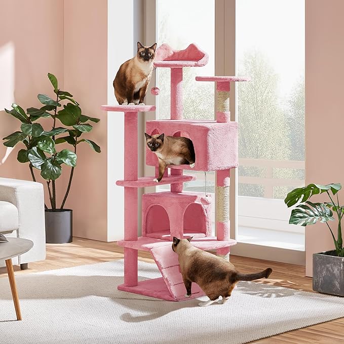 Yaheetech 54in Cat Tree Tower, Multi-Level Cat Tree for Indoor Cats with Scratching Posts, Dangling Balls Cat Play House, Pink