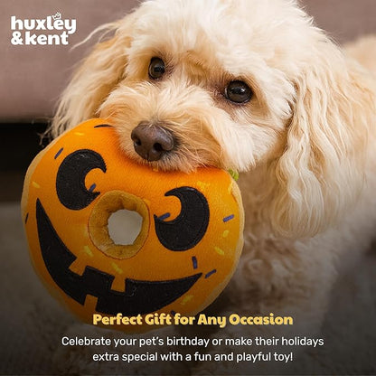 Huxley & Kent Halloween Funny Dog Toy w/Squeaker – Power Plush Squeaky Dog Toys for Small, Medium & Large Dogs – Soft Stuffed Animal for Indoor Play & Fetch - Pumpkin Donut, One Size