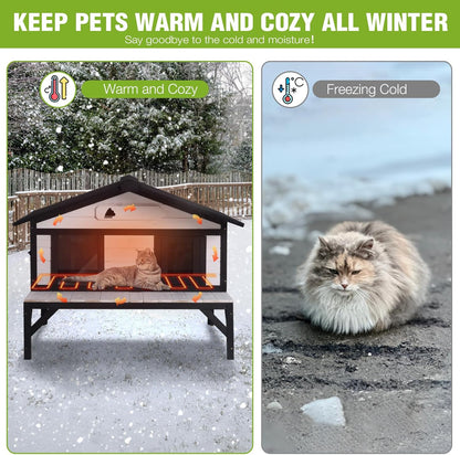 GUTINNEEN Heated Cat House for Outside Large Outdoor Cat House Insulated Weatherproof Feral Cat Shelter with Heating Pad, Insulated Thermal Liner, Chewproof Cable for 1-4 Cats, Winter-Ready (Black)