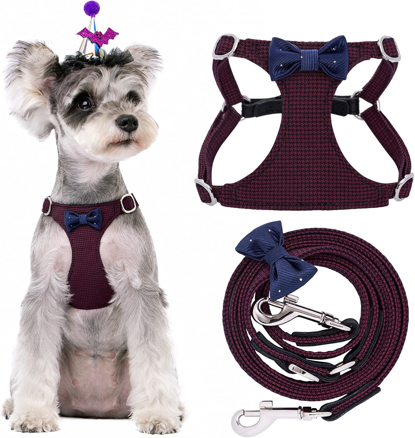 Puppytie No Pull Small Dog Harness with Multifunction Dog Leash,Lightweight Soft Adjustable No Choke Escape Proof Pet Harness Vest Pet Harness Vest,Plaid deep red,S