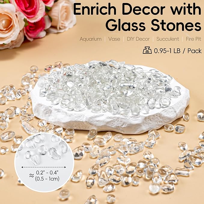 Colorful Glass Stones, 1 LB Fish Tank Gravel, Small Irregular Rainbow Aquarium Gravel for Aquarium Decorations and Turtle Tank , Sea Glass Beads Crystals for Fish Bowl, Vase Filler,Transparent