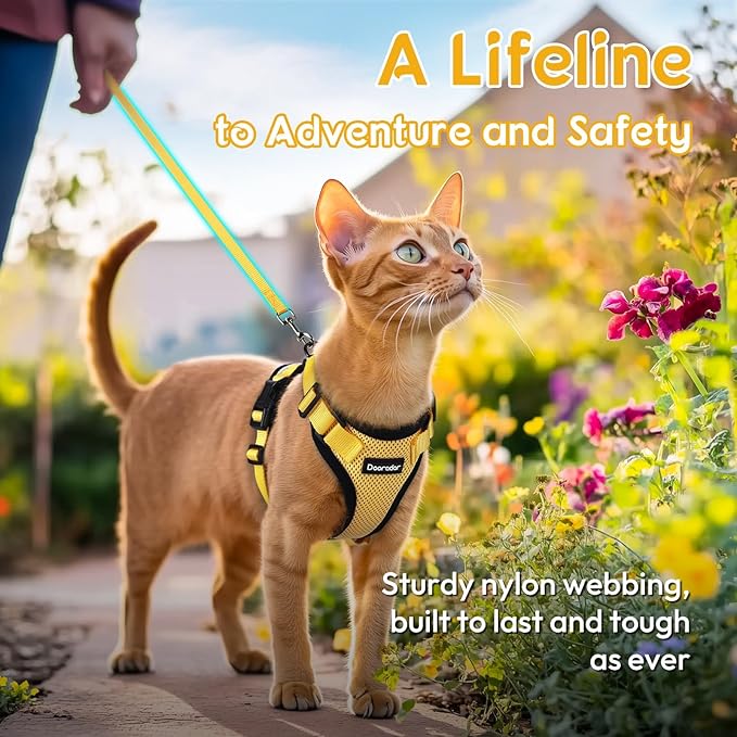 Dooradar Cat Harness and Leash Set, Escape Proof Safe Adjustable Kitten Vest Harnesses for Walking, Easy Control Soft Breathable Mesh Jacket with Reflective Strips for Cats, Yellow, XXS