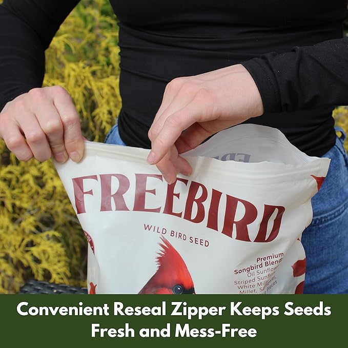 Wild Bird Seed for Outside Feeders by Freebird - Premium Songbird Blend with Sunflower, Safflower, Peanut Pieces, Red Millet and White Millet for Cardinals, Finches, and Colorful Wild Birds - 5lb Bag