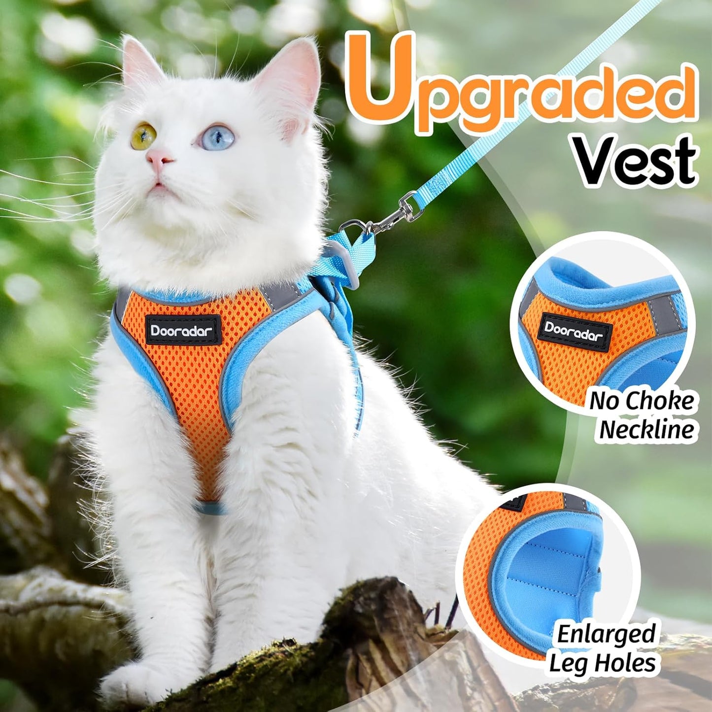 Dooradar Cat Harness and Leash Set, Escape Proof Lightweight Kitten Harness, Soft Breathable Reflective Vest for Outdoor Walking Traveling, Adjustable for Large Cats, Orange & Blue, L