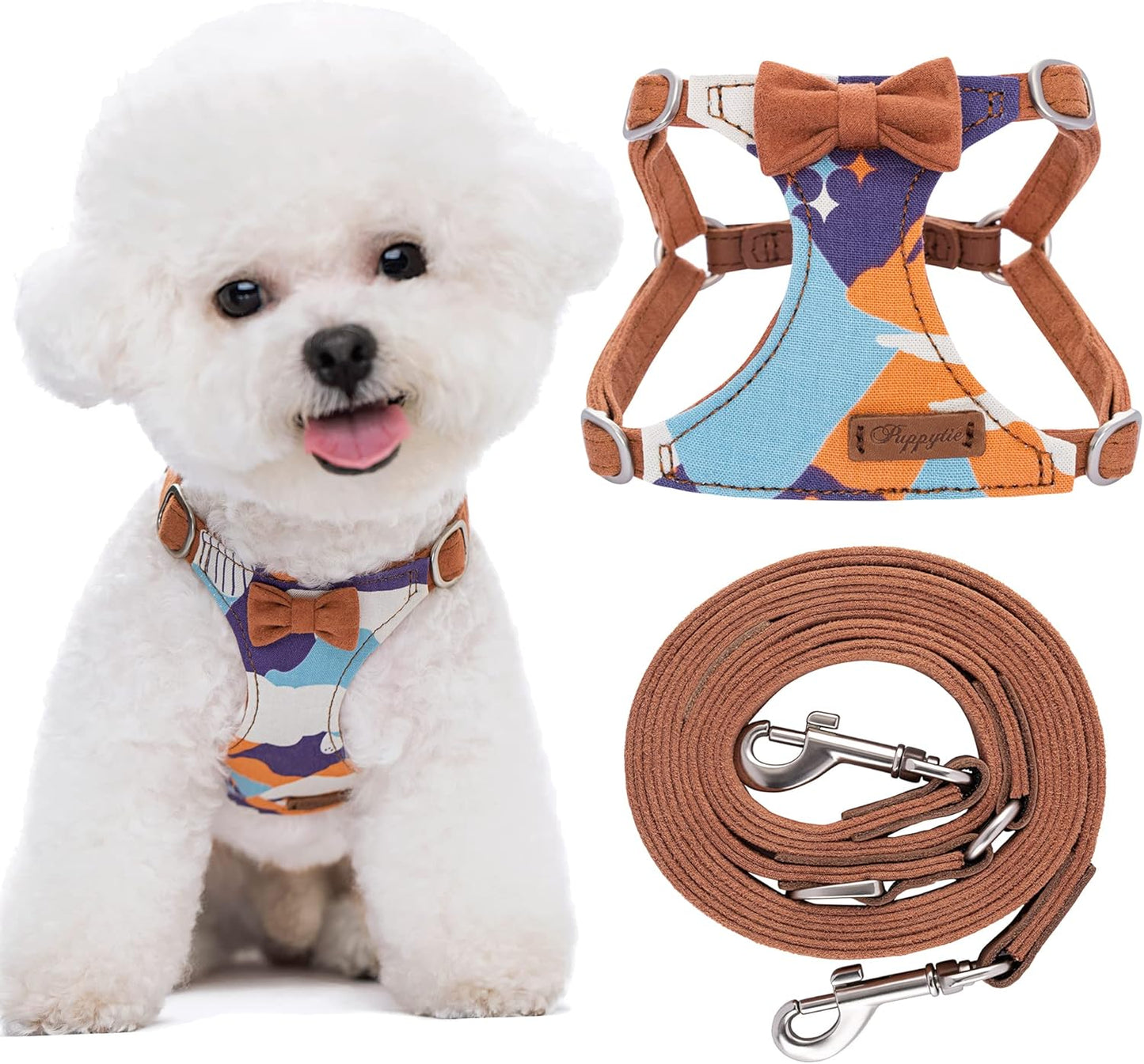 Puppytie No Pull Small Dog Harness with Multifunction Dog Leash,Lightweight Soft Adjustable No Choke Escape Proof Pet Harness Vest Pet Harness Vest,Suede Bow Brown,S