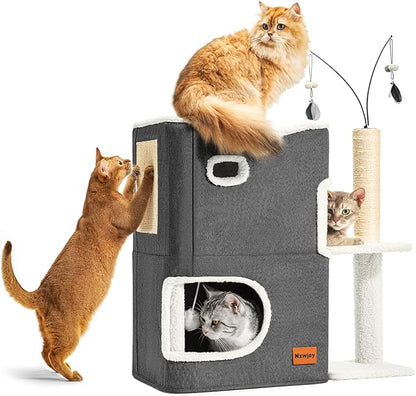 Cat Bed for Indoor Cats with Scratching Post Cat Beds Furniture Cave House 2-Storey Cats Hideaway Playhouse Condo with Fluffy Ball Toys for Pets Dark Grey