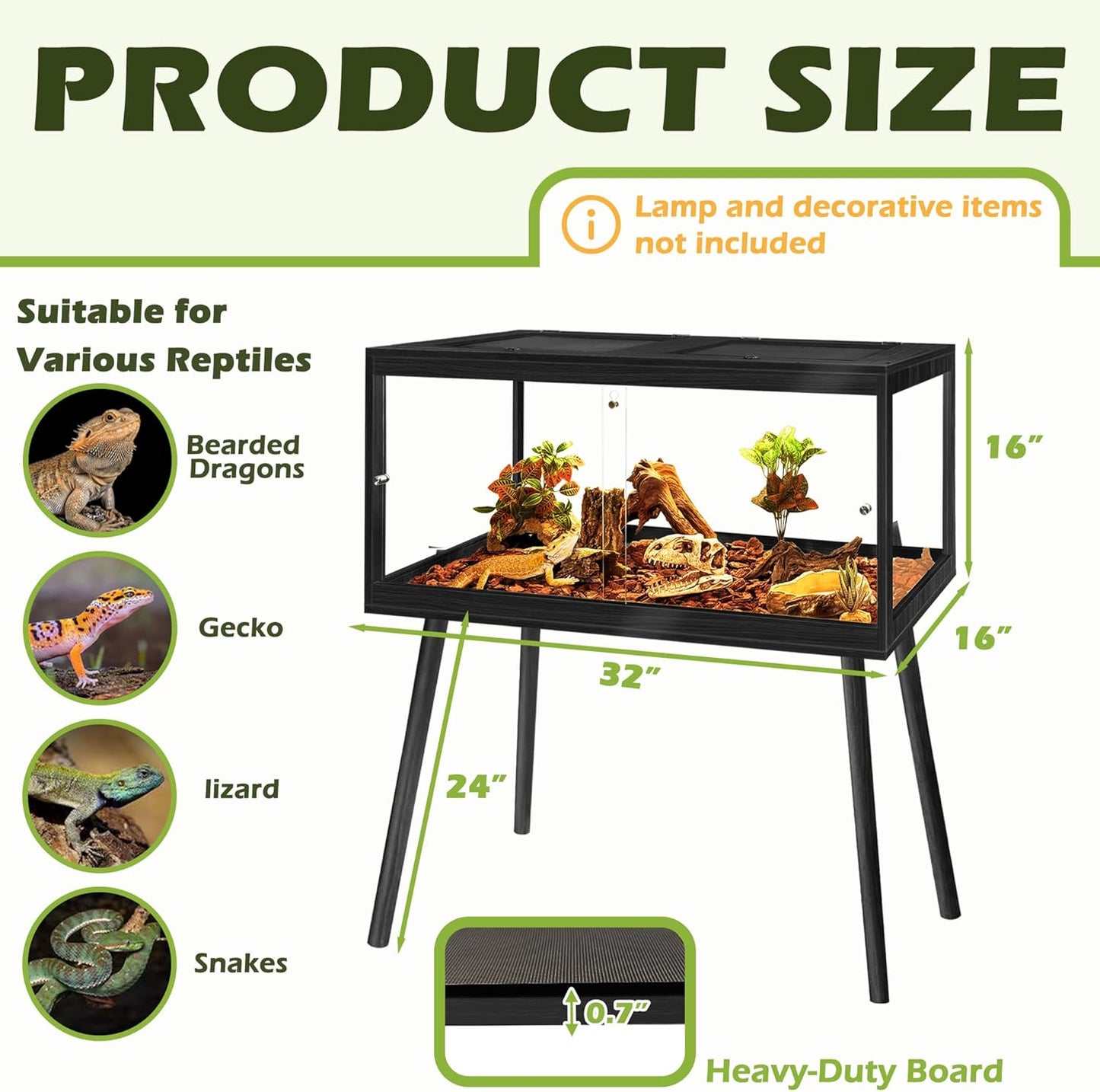Prolee Bearded Dragon Tank with Leg,Tempered Glass Lizard Tanks and Reptile Enclosure,Up to 78 Gallon Reptile Tank with Metal Mesh and Lockable Door for Spacious Snakes and Chameleon(Black,32inch)