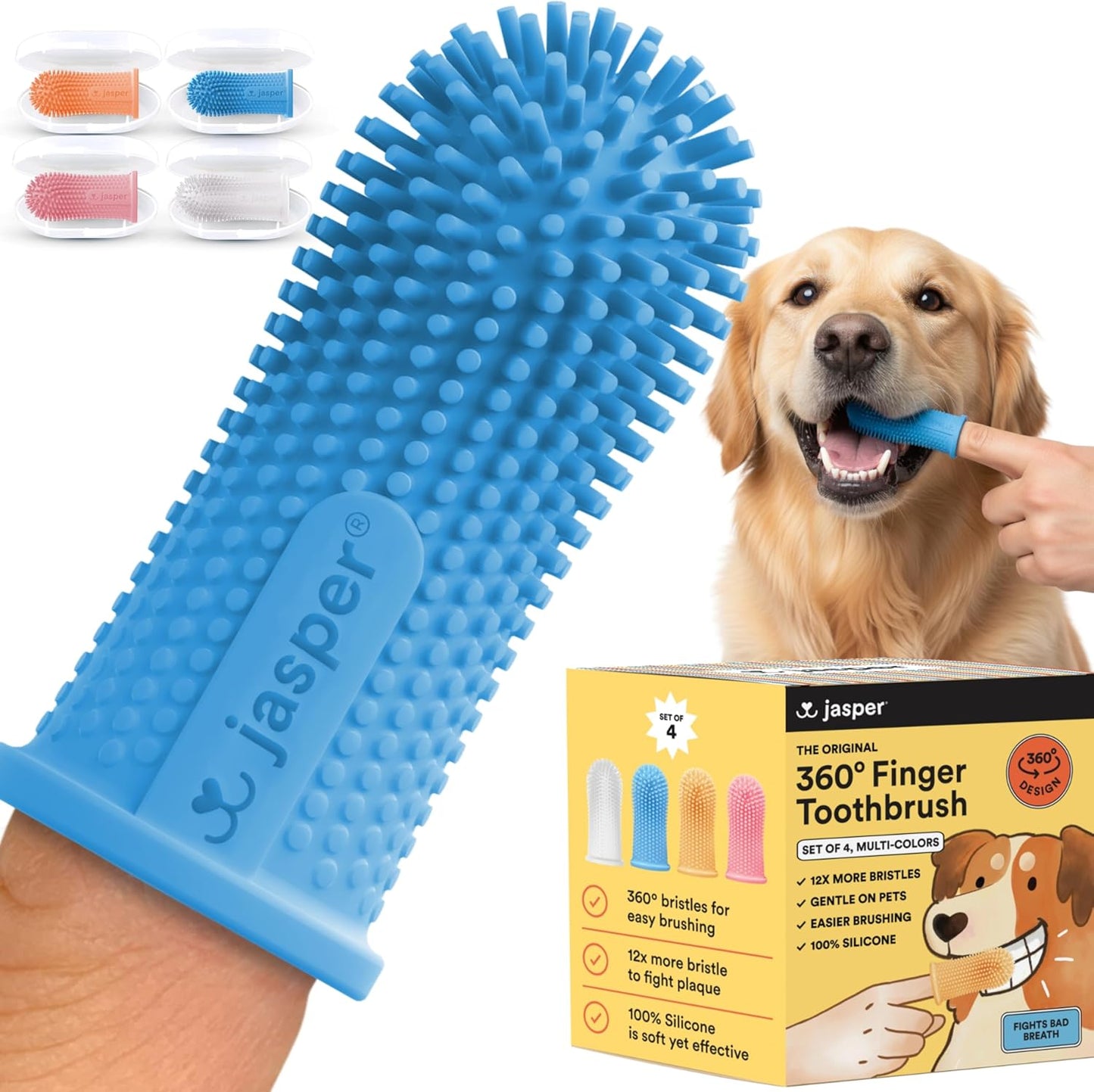 Jasper Dog Toothbrush, 360 Degree Pet Tooth Brushing Kit, Cat Toothbrush, Canine Dental Care & Teeth Cleaning Kit, Pet Finger Tooth Brush, Use with Dog Toothpaste, 4-Pack Multicolor