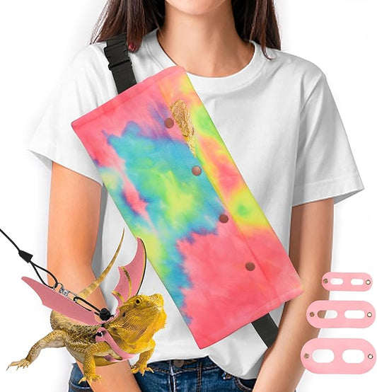 Bearded Dragon Leash and Harness Set, Beardie Carrier, Lizard Adjustable Harness with Leather Wings and Sling Bag, Reptile Small Pet Backpack Batwing Accessories (Pink)