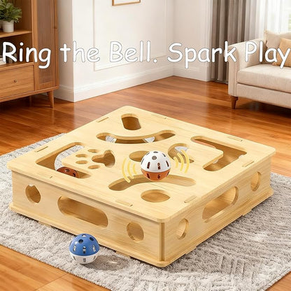 Cat Scratch Puzzle Enrichment Box Nail File - Natural Solid Oak Wood Cat Toy with 6 Bell Balls & Feather Wand, Furniture Protector & Stress-Free Nail Care for Indoor Cats, Best Gift for cat