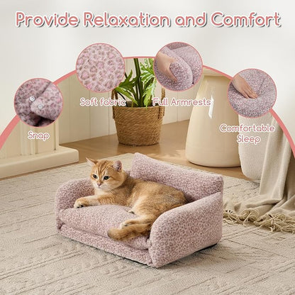Hollypet Cat Bed Fluffy Plush Mutifuctional Double-Layer Soft Pet Couch Orthopedic Sofa Nest Beds for Small Cats and Dogs, Pink Leopard (21x15x8 inch)