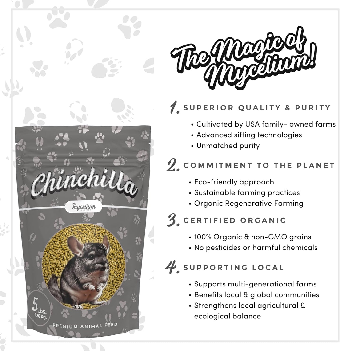 Mycelium Premium Chinchilla Feed – Organic, Non-GMO, High Nutritional Value Food for Chinchillas, Sourced from Local USA Farms, Sustainable Farming, 5 lbs