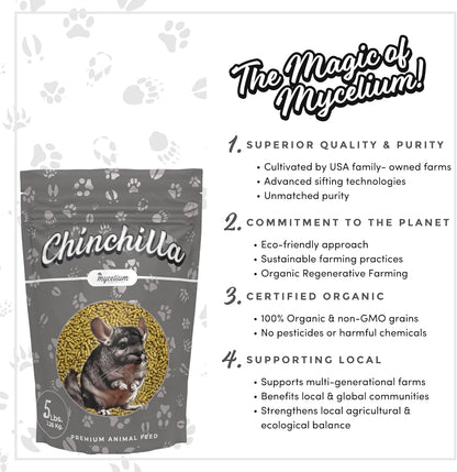 Mycelium Premium Chinchilla Feed – Organic, Non-GMO, High Nutritional Value Food for Chinchillas, Sourced from Local USA Farms, Sustainable Farming, 5 lbs