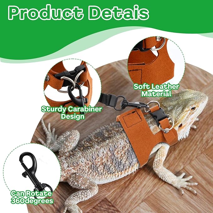 3 Sizes Bearded Dragon Harnesses and Leash Set, Adjustable Soft Leather Lizard Leash Harness Small Animal Walking Vest with Traction Rope for Small Reptiles Squirrel Rat Bearded Dragon Lizard