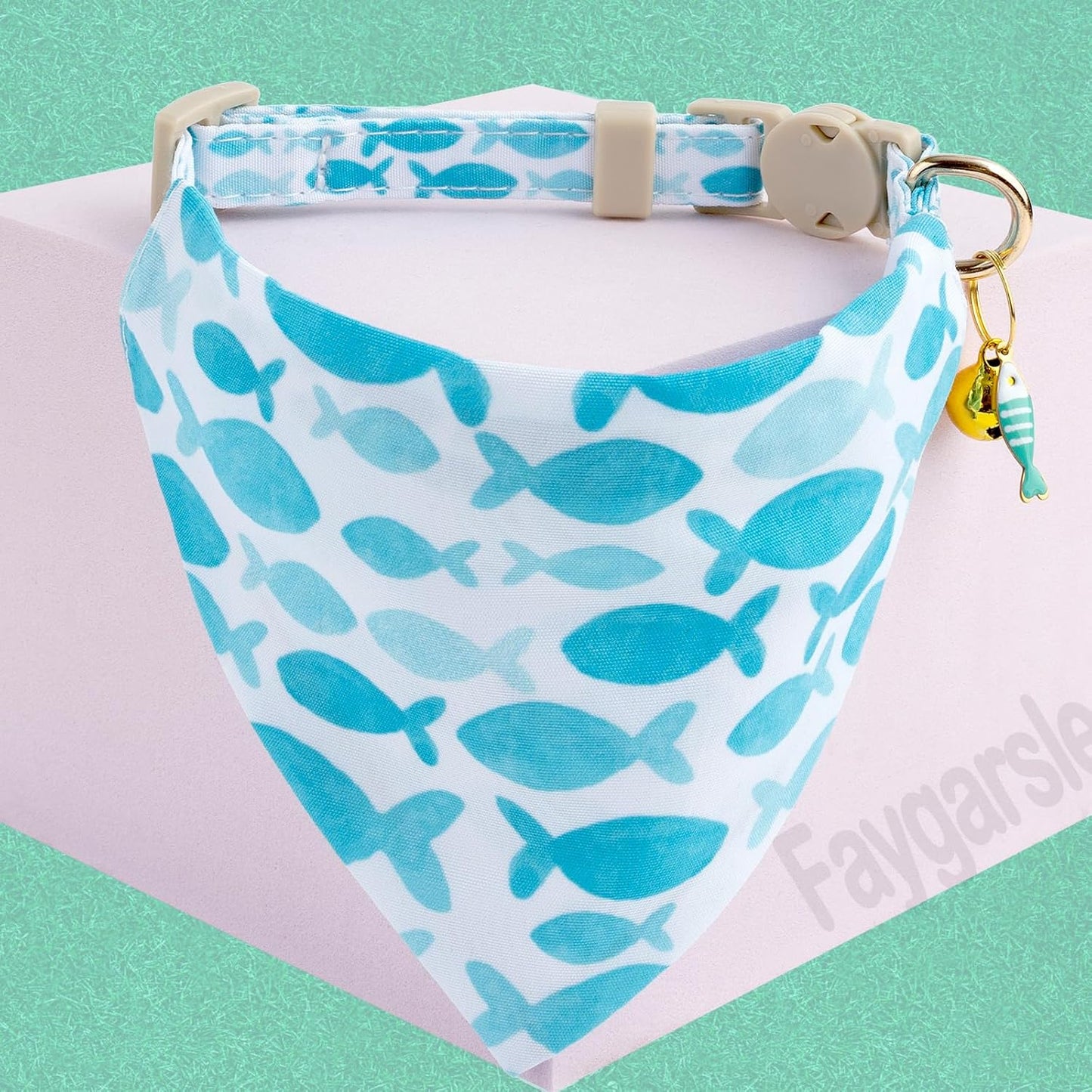 Faygarsle 2 Pack Fish Pattern Cat Collar Set with Bow Tie and Bandana, Light Blue and White, Breakaway Safety Collar with Bell