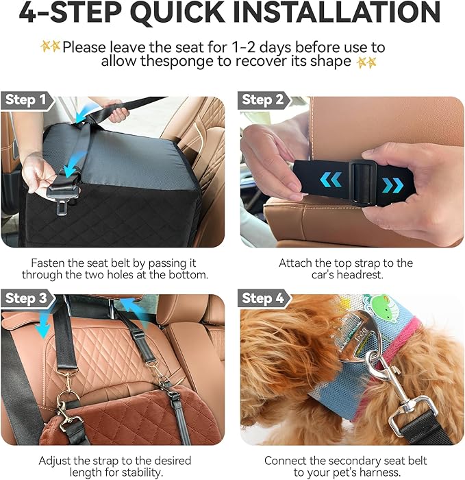 Dog Car Seat for Small/Medium Dogs, Memory Foam Dog Booster Seat for Dogs up to 35 lbs, Travel Safety Per Car Seat with Washable Removable Cover and Storage Pockets (Black/Brown, Medium)