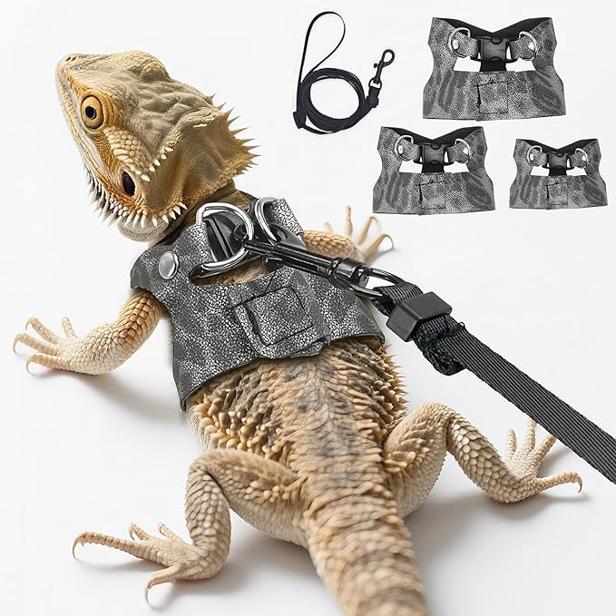 AIITLE 3 Pack Adjustable Bearded Dragon Harness and Leash Set - Leopard Print, Comfort Soft Leather Vest for Lizards, Iguanas, Guinea Pigs, Outdoor Walking & Camping, Grey