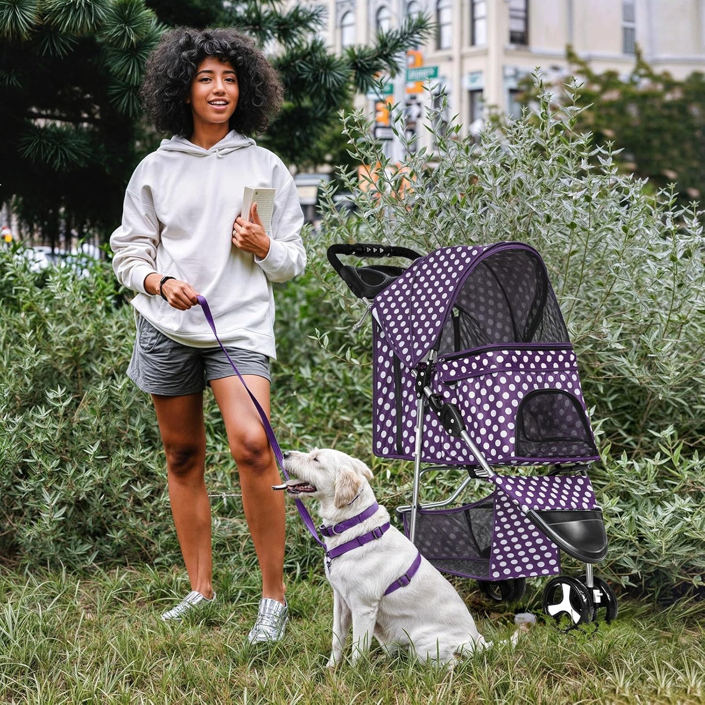 MoNiBloom 3 Wheels Pet Dog Cat Stroller for Small Medium Dogs Cats, Foldable Jogger Stroller w/Storage Basket and Cup Holder, Purple Polka Dots