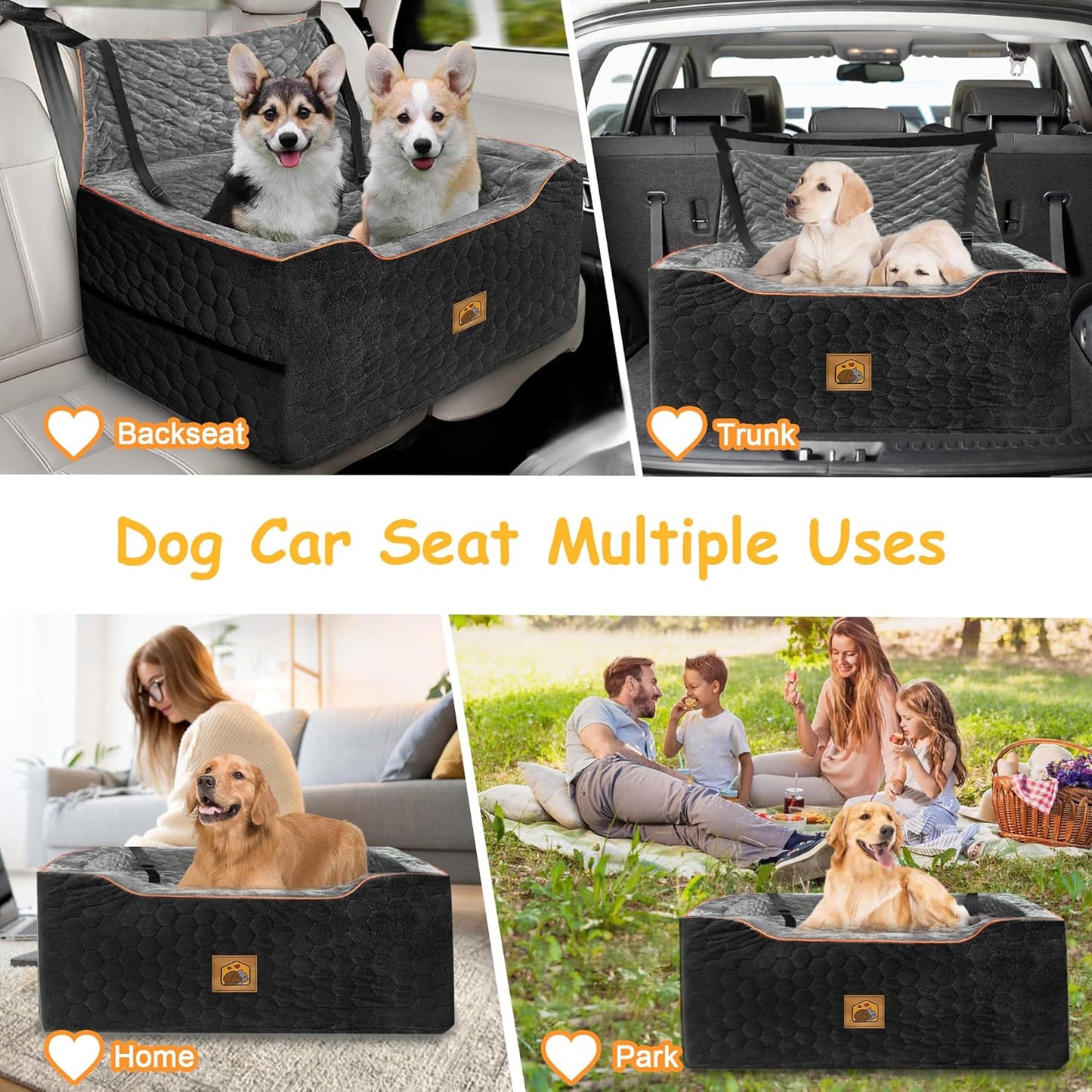 Dog Car Seat for Medium/Large Dog Booster Seat for Dogs Under 60 lbs or 2 Small Dogs, Multi-Functional Pet Car Seat with Thick Cushion, 2 Safety Leashes (BlackGray)