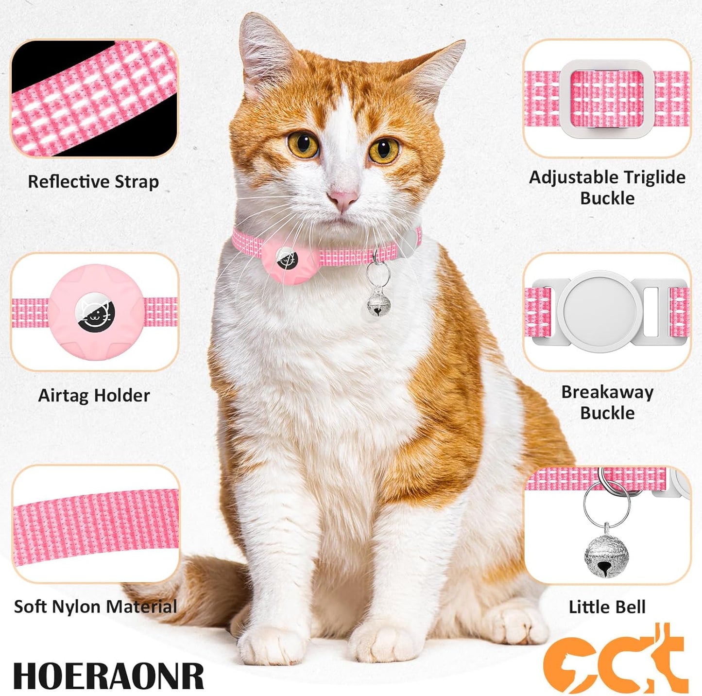 AirTag Cat Collar, Reflective GPS Tracker with AirTag Holder and Bell, Lightweight, Unisex, Black/Pink, Small Cats