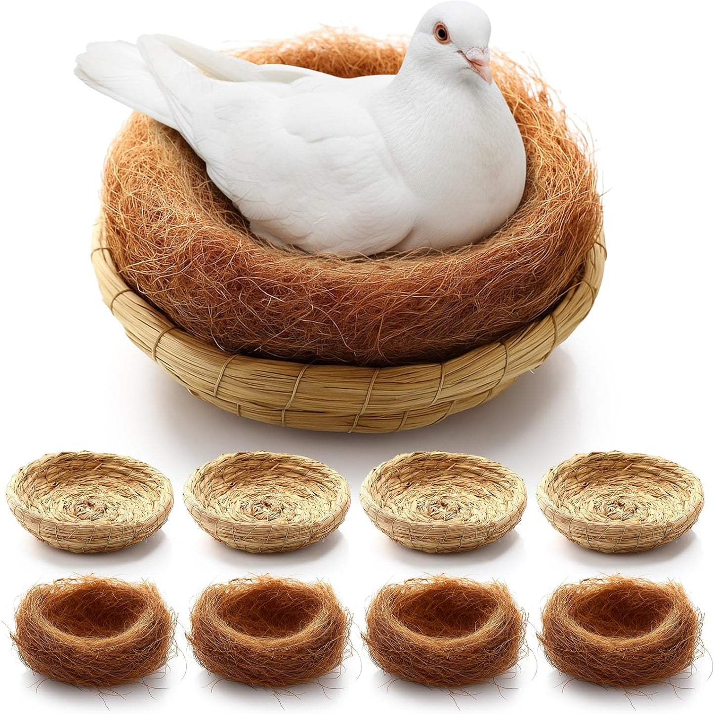 4 Set Bird Nest with Coconut Fiber Mats Set Hand-Woven Flat Base Pigeon Birdhouse Breeding Nest Small Animal Cage Accessories for Parrots Budgies Cockatiels Hamsters Gerbils and Pigs