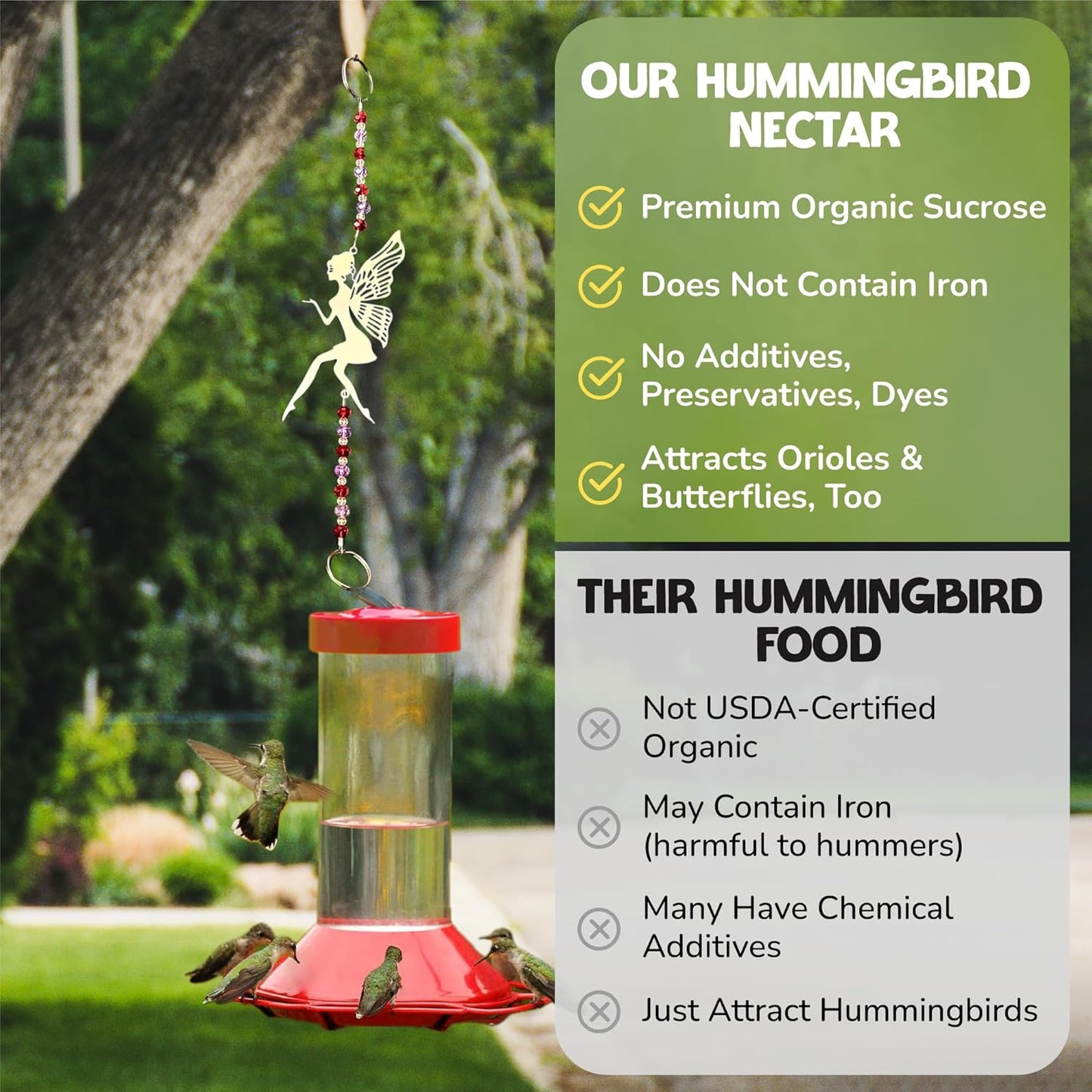 USDA Organic Hummingbird Nectar, Iron-Free, 4 x 8oz Concentrate Pouches, All-Natural, Dye-Free Nectar for Backyard Feeders, Hummingbird Food Mix for Outdoor Bird Lovers