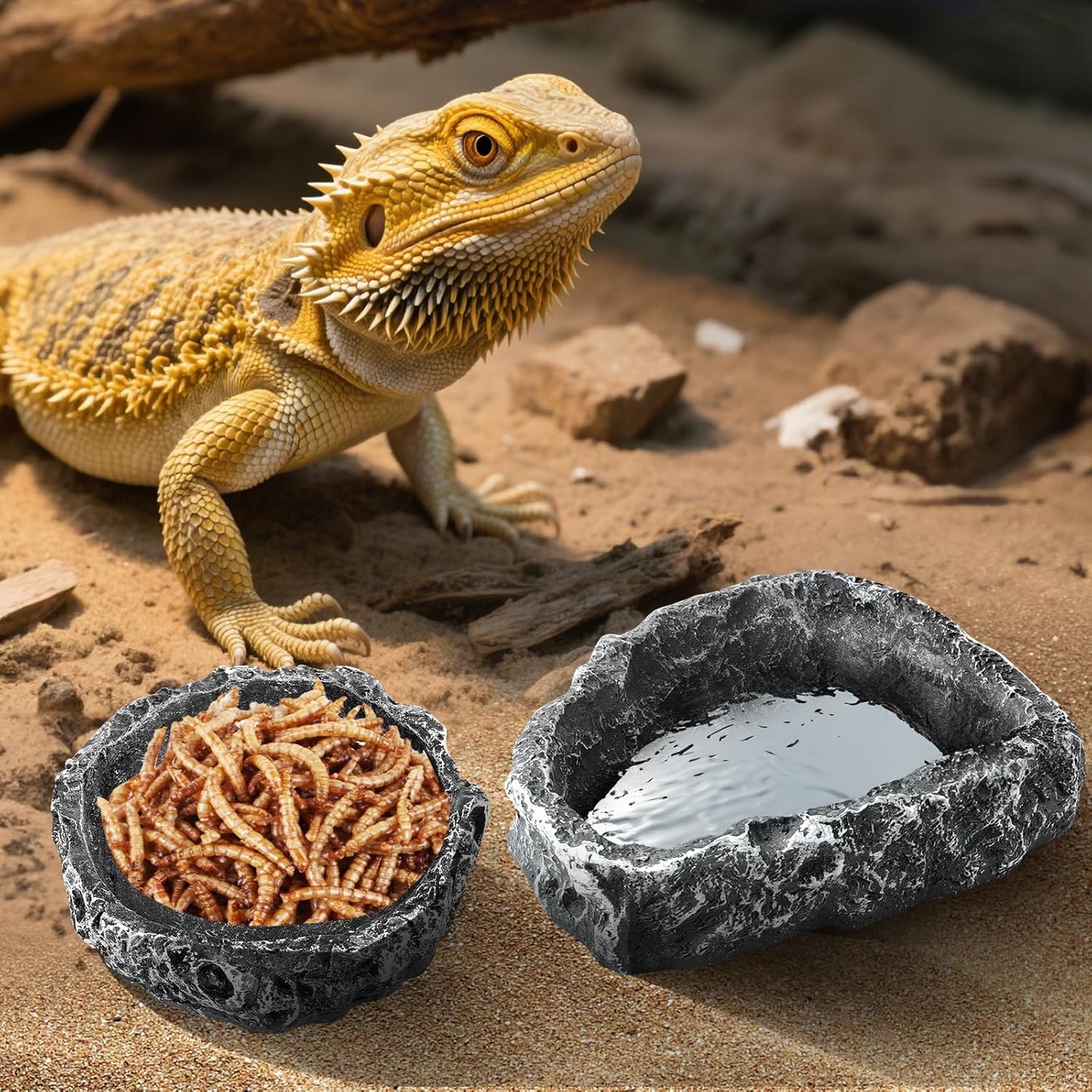 TRUVIC 2 Pack Reptile Feeding Dish Set, Reptile Water Dish Food Bowls for Bearded Dragon Tank Accessories, Resin Terrarium Bowls for Leopard Gecko, Lizard, Chameleon, Hermit Crab, Tortoise, Frog