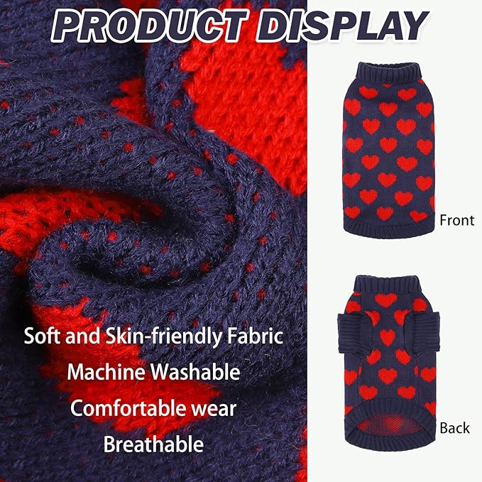 KOOLTAIL Cat Sweater Turtleneck- Soft Knit Sweaters for Cats Only, Christmas Red Heart Love Pattern Thick Warm Cold Weather Clothes for Small Medium Large Size Kitten Puppy Navy L