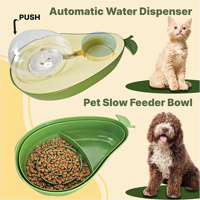 Cat Food and Water Bowl – Avocado Cat Bowl with Water Dispenser Pet Bowl& Small Dogs, Non-Spill, Anti-Choke, Eco-Friendly Dog Feeding Bowl Water Fountain 3-in-1 (Green&Yellow)