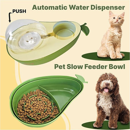 Cat Food and Water Bowl – Avocado Cat Bowl with Water Dispenser Pet Bowl& Small Dogs, Non-Spill, Anti-Choke, Eco-Friendly Dog Feeding Bowl Water Fountain 3-in-1 (Green&Yellow)