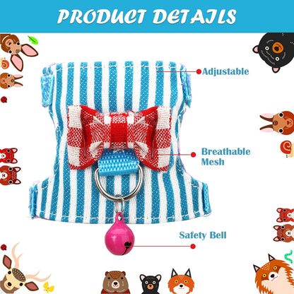 SATINIOR 2 Pieces Small Hamster Harness and Leash Set, Ferret Guinea Pig Clothes with Bowknot and Bell Decor, No Pulling Comfort Padded Vest Striped for Rats Bunny Rabbit Small Animals(M,Pink, Blue)