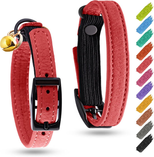 Leather Cat Collar with Bell and Safety Elastic Strap Breakaway Alternative for Small & Large Kittens, Stylish Pet Leather Collar for Boy, Girl Cats with Metal Buckle & QR ID Tag (Red)